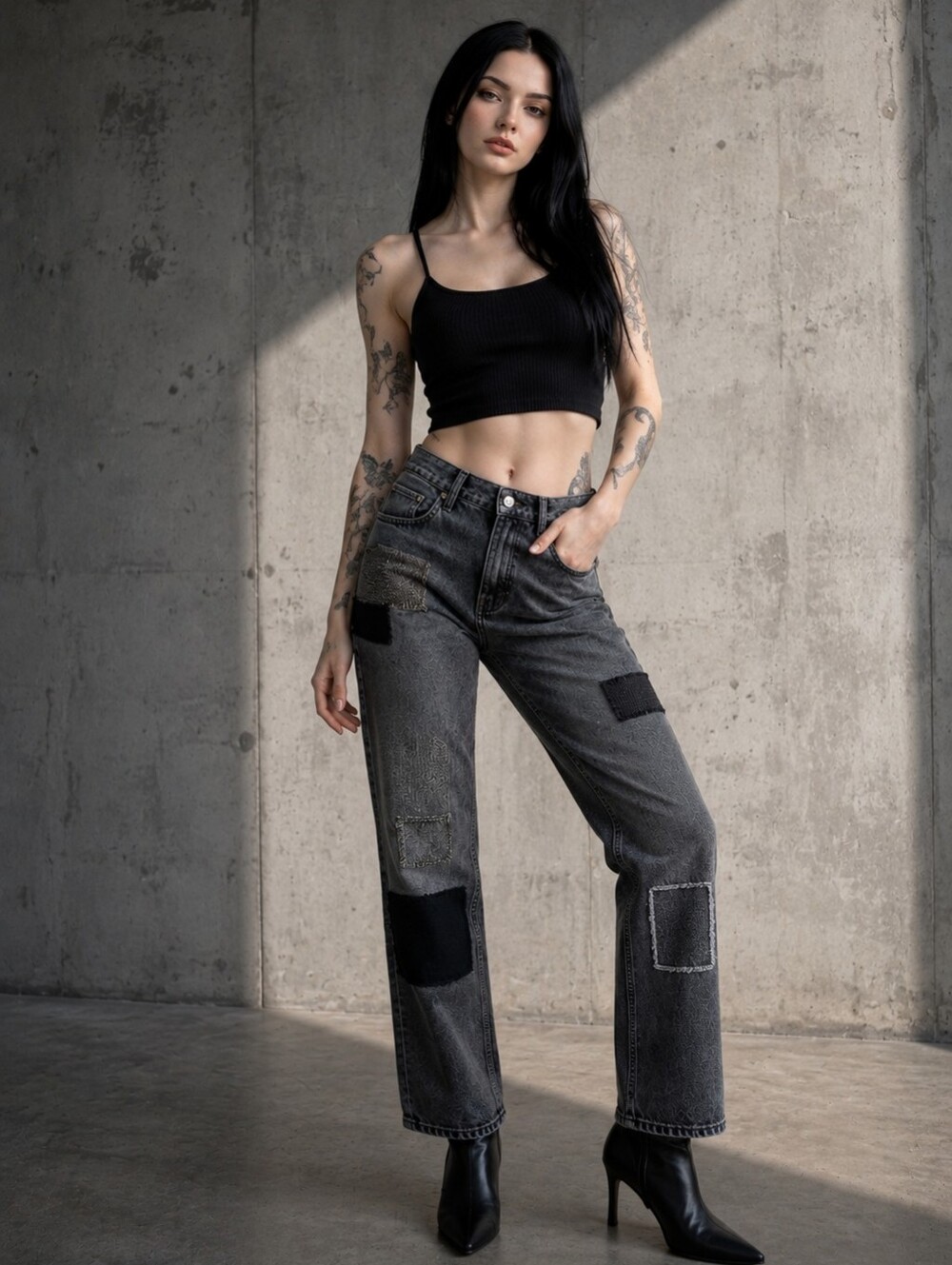 NWT Polo Ralph Lauren The Avery Boyfriend Jeans 28 Black Tonal Patchwork CC